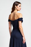 Navy Sheath Off the Shoulder Ruched Chiffon Long Wedding Guest Dress with Slit