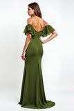 Olive Sheath Ruffled Off the Shoulder Ruched Long Wedding Guest Dress