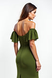 Olive Sheath Ruffled Off the Shoulder Ruched Long Wedding Guest Dress