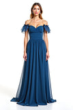 Ink Blue Tulle Off the Shoulder A-Line Ruched Long Wedding Guest Dress