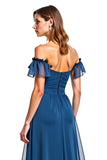 Ink Blue Tulle Off the Shoulder A-Line Ruched Long Wedding Guest Dress