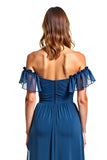 Ink Blue Tulle Off the Shoulder A-Line Ruched Long Wedding Guest Dress