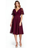 Cabernet Lace V-Neck Knee Length Mother of the Bride Dress with Short Sleeves