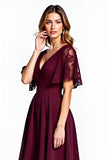 Cabernet Lace V-Neck Knee Length Mother of the Bride Dress with Short Sleeves