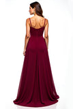 Burgundy Tulle Ruched Spaghetti Straps A-Line Long Wedding Guest Dress