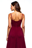 Burgundy Tulle Ruched Spaghetti Straps A-Line Long Wedding Guest Dress