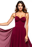 Burgundy Tulle Ruched Spaghetti Straps A-Line Long Wedding Guest Dress