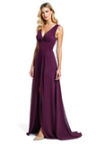 Purple Ruched A Line V Neck Mother of the Bride Dress with Slit