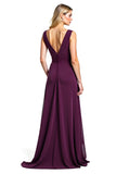 Purple Ruched A Line V Neck Mother of the Bride Dress with Slit