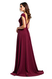 Burgundy V Neck Ruched Long Mother of the Bride Dress with Cap Sleeves