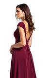 Burgundy V Neck Ruched Long Mother of the Bride Dress with Cap Sleeves