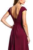 Burgundy V Neck Ruched Long Mother of the Bride Dress with Cap Sleeves