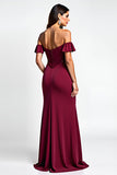 Burgundy Glitter Mermaid Off the Shoulder Long Formal Dress with Sequins