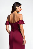 Burgundy Glitter Mermaid Off the Shoulder Long Formal Dress with Sequins