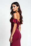 Burgundy Glitter Mermaid Off the Shoulder Long Formal Dress with Sequins