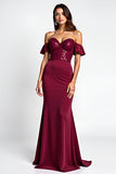 Burgundy Glitter Mermaid Off the Shoulder Long Formal Dress with Sequins