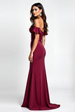 Burgundy Glitter Mermaid Off the Shoulder Long Formal Dress with Sequins