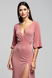 Dusty Rose Open Back V-Neck Long Wedding Guest Dress with Slit