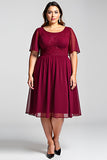 Burgundy A Line Lace Chiffon Midi Mother of the Bride Dress