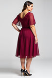 Burgundy A Line Lace Chiffon Midi Mother of the Bride Dress