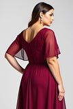 Burgundy A Line Lace Chiffon Midi Mother of the Bride Dress