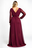 Burgundy A Line V-Neck Chiffon Mother of the Bride Dress