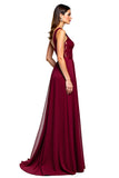 A Line Burgundy Chiffon Lace Ruched V Neck Formal Dress