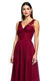 A Line Burgundy Chiffon Lace Ruched V Neck Formal Dress