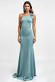 Blue Sheath One Shoulder Long Wedding Guest Dress