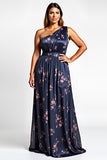 Navy Flower A-Line One Shoulder Long Wedding Guest Dress