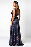 Navy Flower A-Line One Shoulder Long Wedding Guest Dress