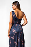 Navy Flower A-Line One Shoulder Long Wedding Guest Dress