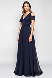 Navy A-Line Cold Shoulder Ruffled Chiffon Long Wedding Guest Dress