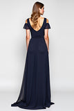 Navy A-Line Cold Shoulder Ruffled Chiffon Long Wedding Guest Dress