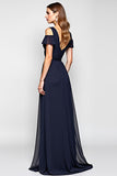 Navy A-Line Cold Shoulder Ruffled Chiffon Long Wedding Guest Dress