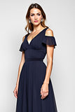 Navy A-Line Cold Shoulder Ruffled Chiffon Long Wedding Guest Dress