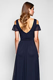 Navy A-Line Cold Shoulder Ruffled Chiffon Long Wedding Guest Dress