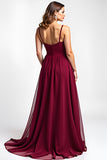 Burgundy A-Line Spaghetti Straps Ruched Chiffon Long Wedding Guest Dress