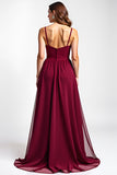 Burgundy A-Line Spaghetti Straps Ruched Chiffon Long Wedding Guest Dress