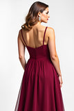 Burgundy A-Line Spaghetti Straps Ruched Chiffon Long Wedding Guest Dress