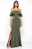 Olive Sheath Ruffled Off the Shoulder Long Wedding Guest Dress with Slit