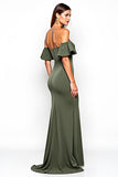 Olive Sheath Ruffled Off the Shoulder Long Wedding Guest Dress with Slit