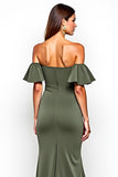 Olive Sheath Ruffled Off the Shoulder Long Wedding Guest Dress with Slit