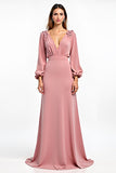 Dusty Rose Sheath V-Neck Long Sleeves Chiffon Wedding Guest Dress