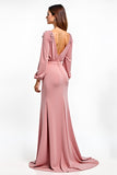 Dusty Rose Sheath V-Neck Long Sleeves Chiffon Wedding Guest Dress