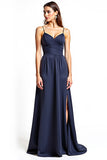 Navy A-Line Spaghetti Straps Ruched Chiffon Long Wedding Guest Dress with Slit