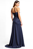 Navy A-Line Spaghetti Straps Ruched Chiffon Long Wedding Guest Dress with Slit