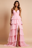 Blush Pink Spaghetti Straps Tiered Long Prom Dress With Ruffles