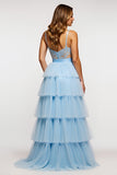 Sparkly Sky Blue Spaghetti Straps Tiered Long Prom Dress With Ruffles