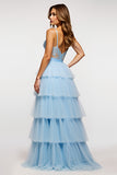 Sparkly Sky Blue Spaghetti Straps Tiered Long Prom Dress With Ruffles